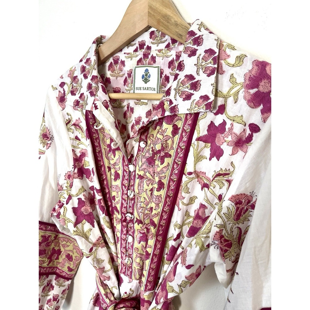 SUE SARTOR Anthropologie Long-Sleeve Flounce Dress Pink Peridot Dahlia Floral L - Picture 9 of 16